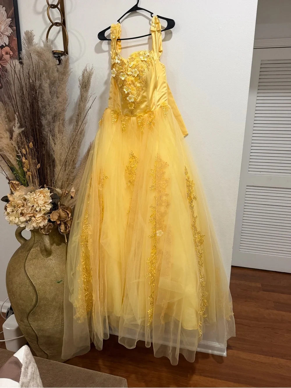 PromGirl Yellow Floral Appliqué Tulle Gown for Girls